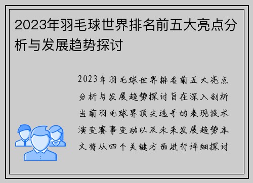 2023年羽毛球世界排名前五大亮点分析与发展趋势探讨